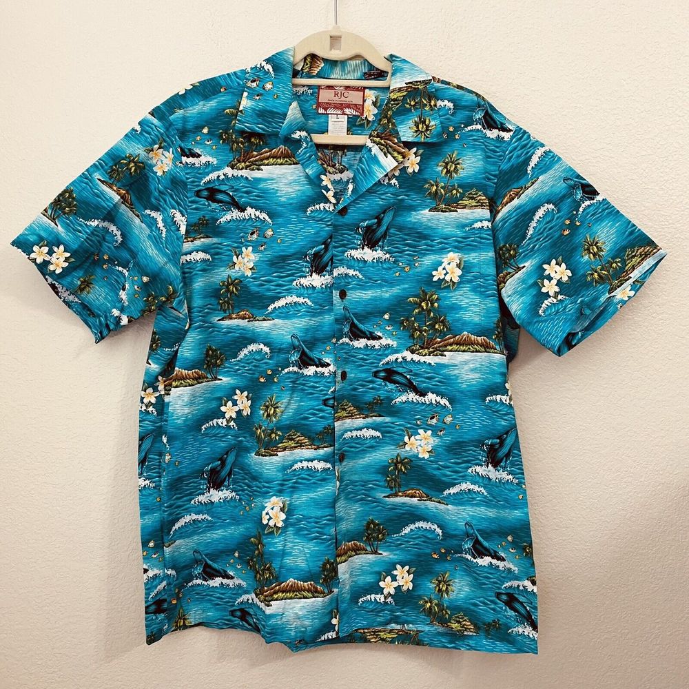 RJC Hawaiian Shirt Mens Large Blue USA Button Front Cotton Whale Floral